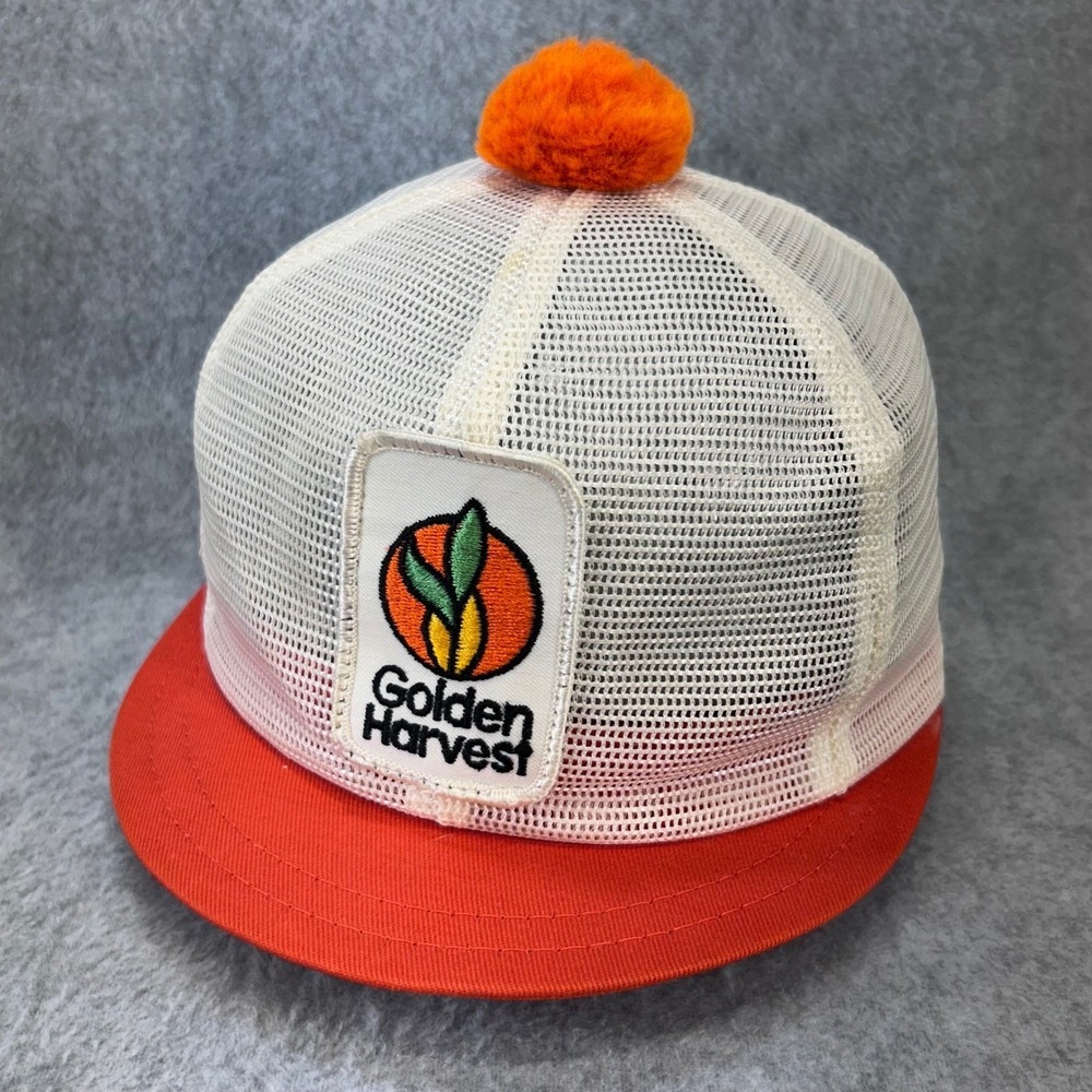 Golden Harvest Patch Mens Orange K-Brand Trucker Hat Vintage Pom Pom USA OSFM